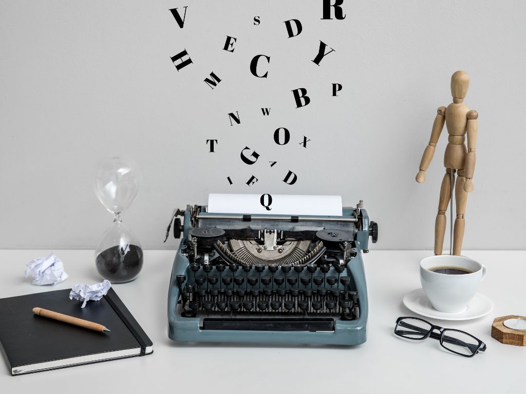 Maszyna do pisania z latającymi literami, klepsydrą i kawą, symbolizująca kreatywność i ludzki pierwiastek w copywritingiem wspieranym przez AI.